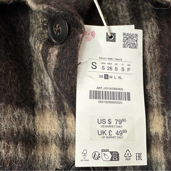 NWT Zara Plaid Jacket Wool Blend Cropped Black White Brown Shacket Women S 6318 - Picture 11 of 13